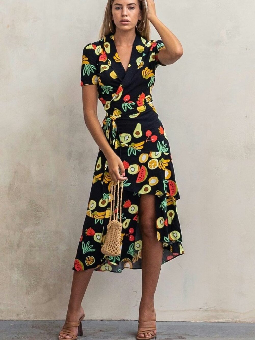 Never Fully Dressed Carmen Vibrant Tropical Fruit Print Midi Dress Size Small